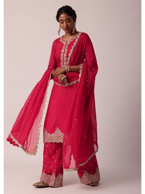 Babyhug Three Fourth Sleeves Embroidered Kurti & Palazzo Set With Dupatta- Red main image 1