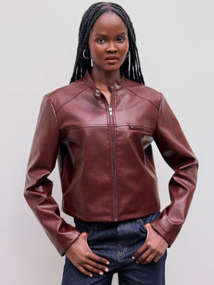 Buy Cider Faux Leather Stand Collar Solid Zipper Pocket Biker