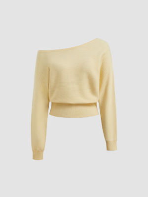 Cider Asymmetrical Neck Solid Crop Long Sleeve Top