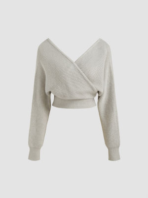 Cider Knit V-neck Solid Wrap Crop Long Sleeve Top