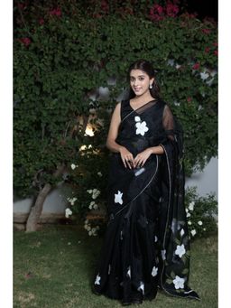 Meeranshi - Black Organza Hand Printed Saree with Unstitched Blouse