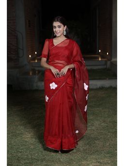 Meeranshi - Maroon Organza Hand Printed Saree with Unstitched Blouse