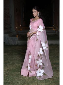 Meeranshi - Pink Organza Hand Printed Saree with Unstitched Blouse