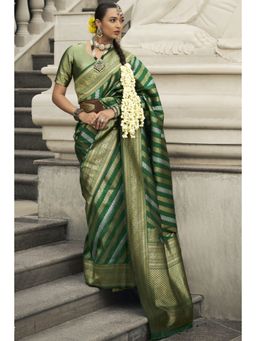 Mysilklove - Gray Asparagus Green Woven Banarasi Saree with Unstitched Blouse