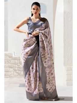 Mysilklove - Hemp Cream and Grey Banarasi Digital Printed Saree with Unstitched Blouse