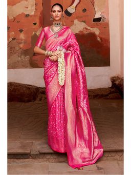 Mysilklove - Cabaret Pink Woven Banarasi Saree with Unstitched Blouse