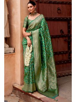 Mysilklove - Goblin Green Woven Banarasi Saree with Unstitched Blouse