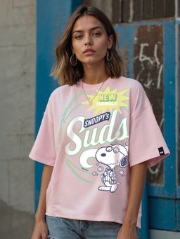 Bewakoof - Women's Pink Peanuts Suds Graphic Printed Oversized T-shirt