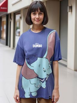 Bewakoof - Official Disney Women's Skipper Blue Dumbo Graphic Printed Oversized T-shirt