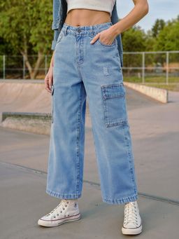 Bewakoof - Women's Blue Baggy Straight Fit Cargo Jeans