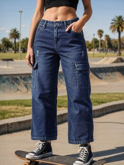 Bewakoof - Women's Blue Baggy Straight Fit Cargo Jeans