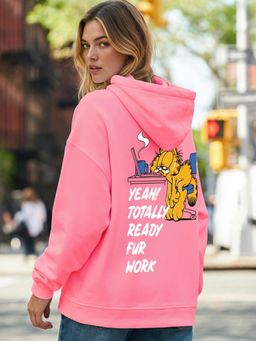 Bewakoof - Women's Pink Lazy Garfield Graphic Printed Oversized Hoodies