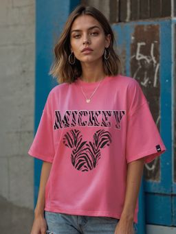 Bewakoof - Heavy Duty 1.0 Disney Women's Pink Mickey Zebra Graphic Printed Oversized T-shirt