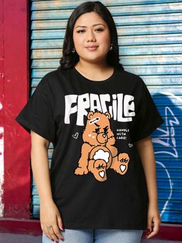 Bewakoof - Women's Black Fragile Graphic Printed Plus Size Boyfriend T-shirt