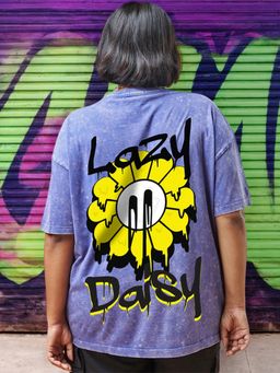 Bewakoof - Women's Blue Lazy Daisy Graphic Printed Oversized Plus Size Acid Wash T-shirt