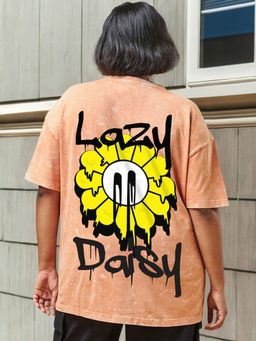 Bewakoof - Women's Orange Lazy Daisy Graphic Printed Oversized Plus Size Acid Wash T-shirt