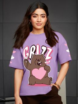 Bewakoof - Heavy Duty 1.0 Cartoon Network Women's Purple Grizz Love Graphic Printed Oversized T-shirt