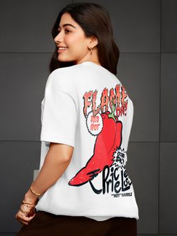 Bewakoof - Women's White Flame Graphic Printed Oversized T-shirt