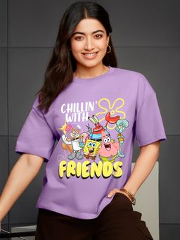 Bewakoof - Heavy Duty 1.0 SpongeBob Women's Paisley Purple Friends Graphic Printed Oversized T-shirt