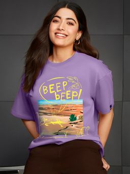 Bewakoof - Heavy Duty 1.0 Looney Tunes Women's Purple Beep Beep Graphic Printed Oversized T-shirt