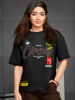 Bewakoof - Women's Jet Black Lifes A Circus Graphic Printed Oversized T-shirt