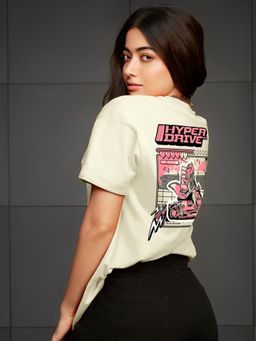 Bewakoof - Women's Off White Hyper Drive Graphic Printed Oversized T-shirt