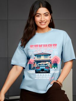Bewakoof - Women's Chambray Blue Sakura Racing Graphic Printed Oversized T-shirt