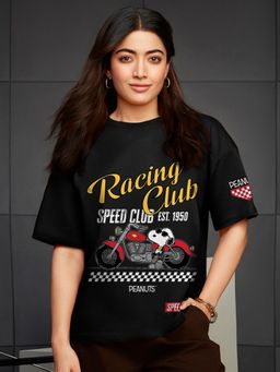 Bewakoof - Heavy Duty 1.0 Peanuts Women's Black Racing Club Graphic Printed Oversized T-shirt