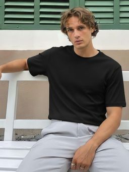 RIGO - Unisex Black Solid Round Neck Regular Fit Cotton Half Sleeve T-Shirt