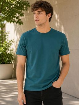 RIGO - Unisex Teal Solid Round Neck Regular Fit Cotton Half Sleeve T-Shirt