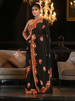 Beatitude - Black Hand Embroidered Kashmiri Saree with Unstitched Blouse