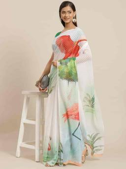 Silk Land - Women Chiffon Bland Printed Design Saree -White with Unstitched Blouse