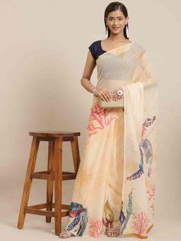 Silk Land - Women Chiffon Bland Printed Design Saree -Cream with Unstitched Blouse