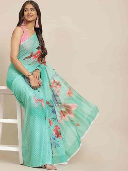 Silk Land - Women Chiffon Bland Printed Design Saree -Turquoise with Unstitched Blouse