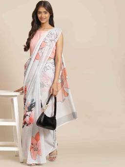 Silk Land - Women Chiffon Bland Floral Design Saree -White with Unstitched Blouse
