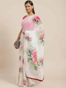 Silk Land - Women Chiffon Bland Floral Design Saree -White with Unstitched Blouse