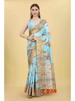 Silk Land - Women Kalamkari Digital Print with Woven Soft Silk Saree-Blue with Unstitched Blouse