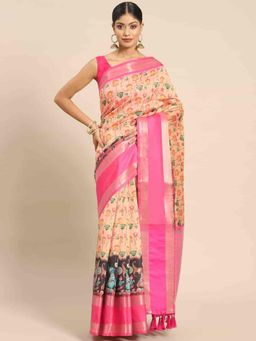 Silk Land - Women Kalamkari Digital Print with Woven Soft Silk Saree-Peach with Unstitched Blouse