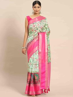 Silk Land - Women Kalamkari Digital Print with Woven Soft Silk Saree-Green with Unstitched Blouse