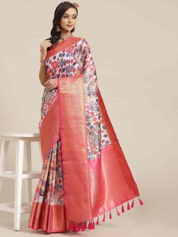 Silk Land - Women Pure Silk Saree -Multi-Color with Unstitched Blouse