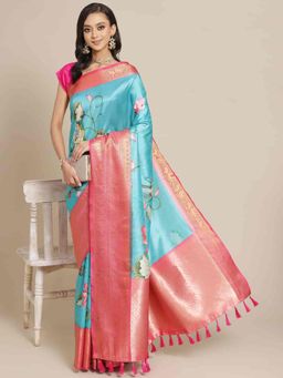 Silk Land - Women Pure Silk Saree -Turquoise with Unstitched Blouse