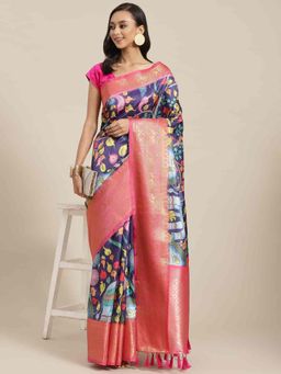 Silk Land - Women Pure Silk Saree -Navy Blue with Unstitched Blouse