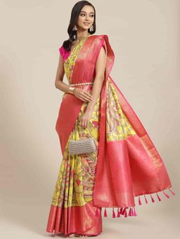 Silk Land - Women Pure Silk Saree -Yellow with Unstitched Blouse