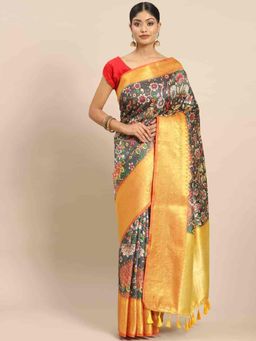 Silk Land - Women Pure Silk Saree -Black with Unstitched Blouse