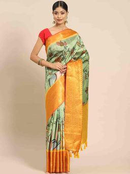 Silk Land - Women Pure Silk Saree -Green with Unstitched Blouse