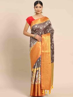 Silk Land - Women Pure Silk Saree -Grey with Unstitched Blouse
