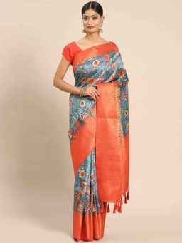 Silk Land - Women Pure Silk Saree -Blue with Unstitched Blouse