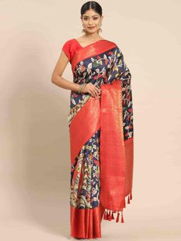 Silk Land - Women Pure Silk Saree -Navy Blue with Unstitched Blouse