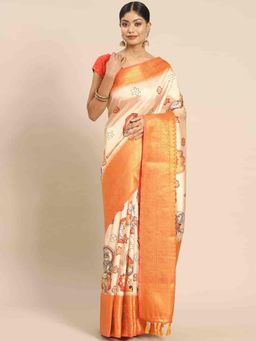 Silk Land - Women Pure Silk Saree -Orange with Unstitched Blouse