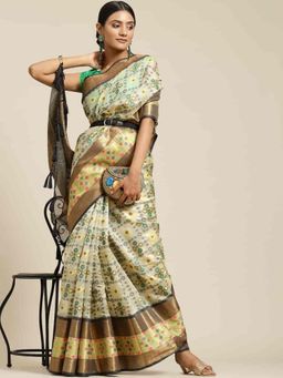 Silk Land - Women Ikkat Designer Silk Saree -Beige with Unstitched Blouse